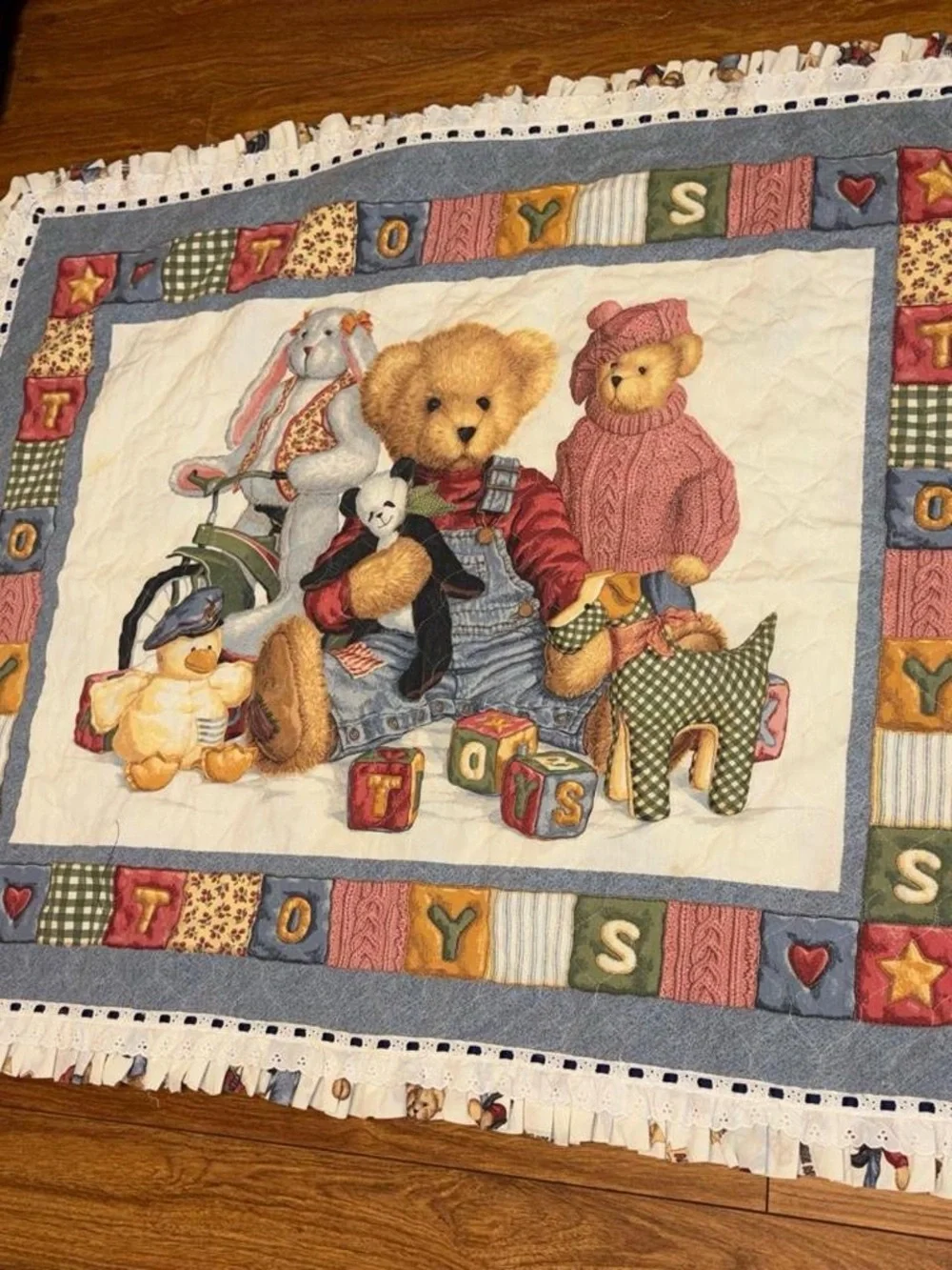 Vintage 90s blue jean teddy bear quilt 44x35